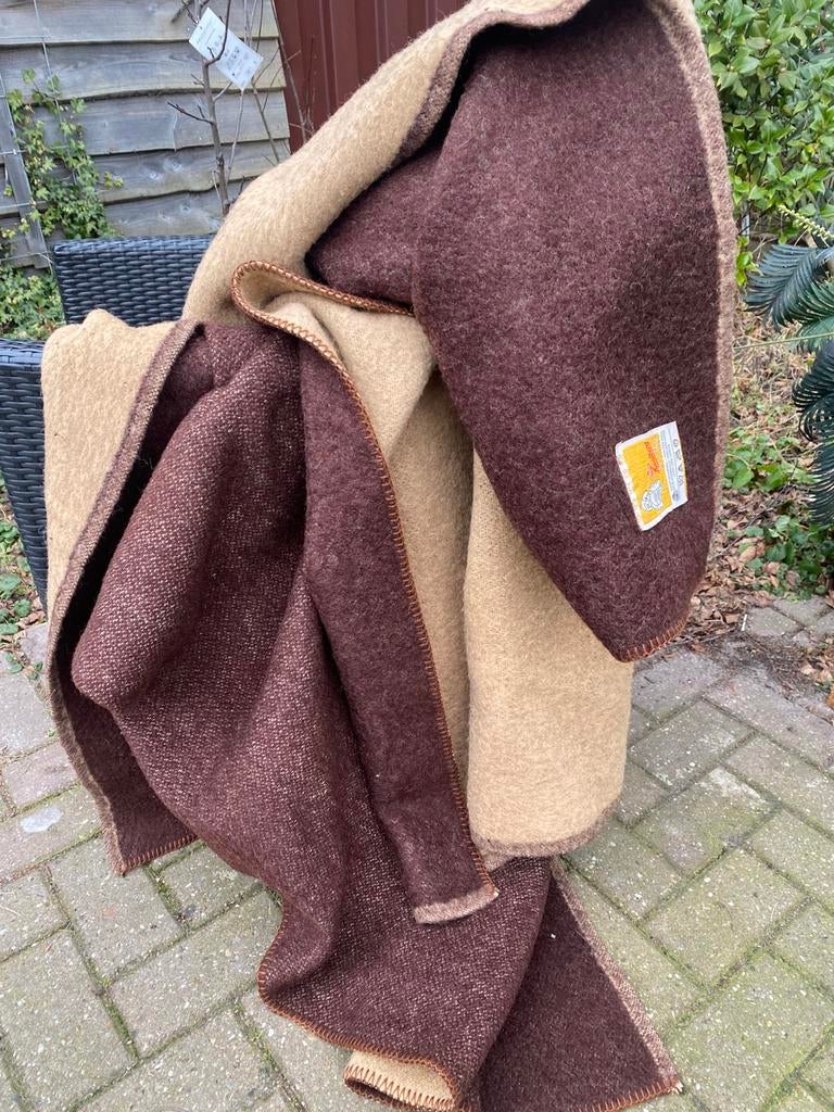 Prachtige vintage bruin/ beige hele grote wollen deken, Ophalen of Verzenden, Zo goed als nieuw