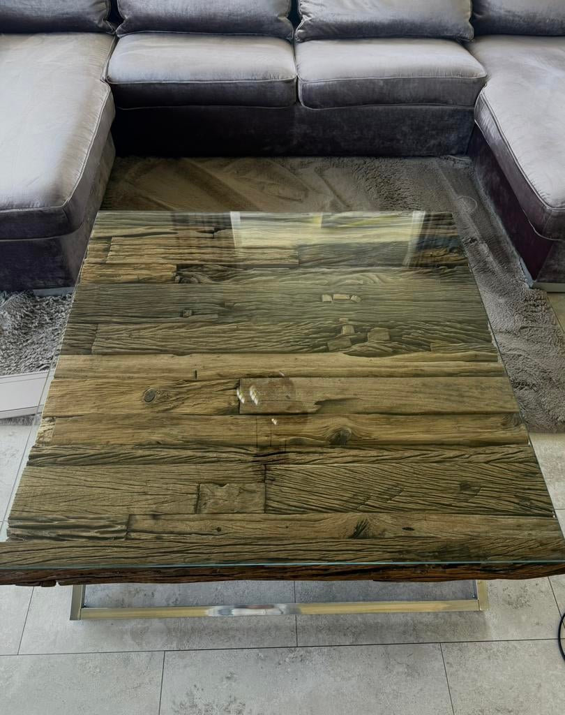 Unieke industriële salontafel oud hout met glas, Ophalen, 100 tot 150 cm, 50 tot 100 cm, Minder dan 50 cm