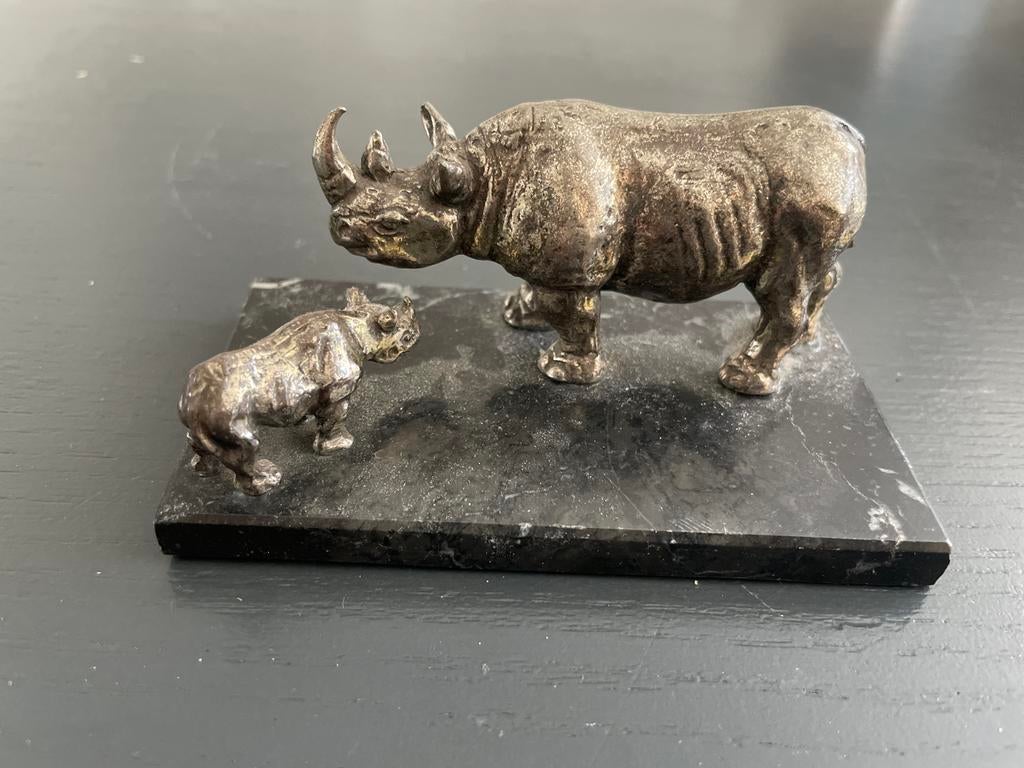 WWF Zwarte Neushoorn met Jong - Verzilverd Beeldje, Ophalen, Gebruikt, Wild dier, Beeldje of Figuurtje