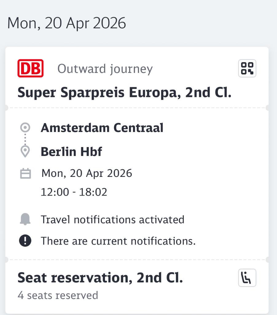 ICE DB Ams to BER to AMS train tickets, Tickets en Kaartjes, Twee personen, April