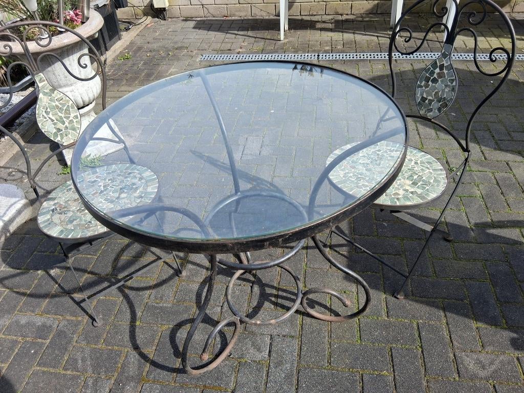 Tuinset met glazen tafel en mozaïek stoelen, Tuin en Terras, Tuinsets en Loungesets, Ophalen, Gebruikt, Overige materialen