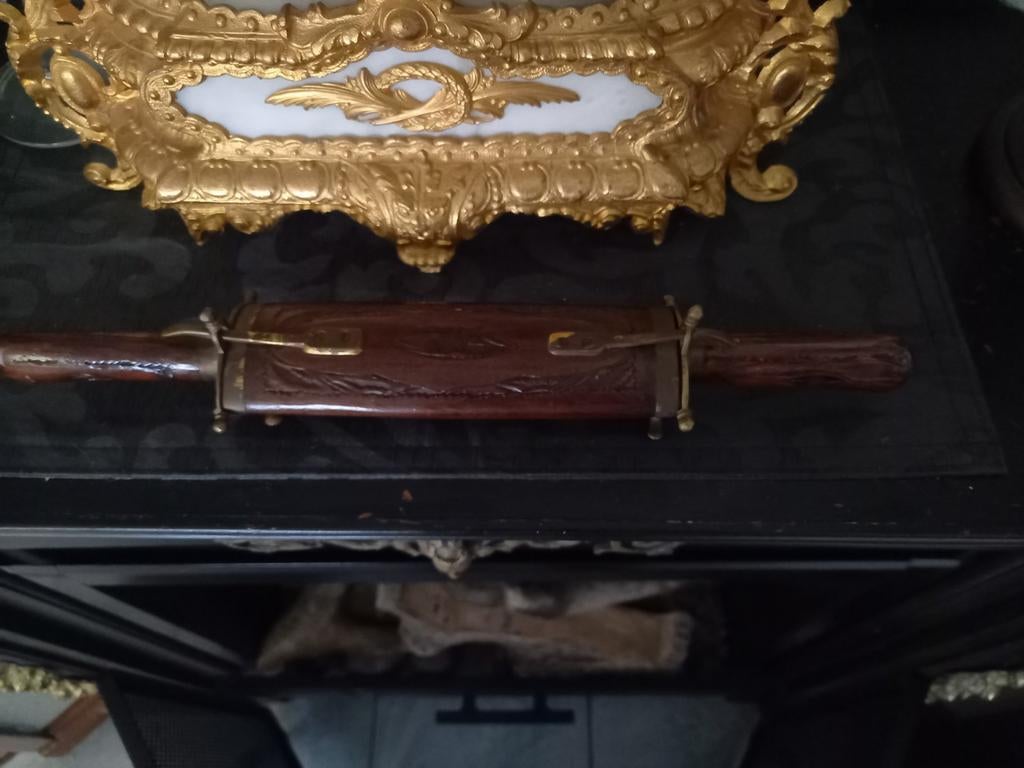 Mes en vork in houten bewerkte houder uit India, Antiek en Kunst, Ophalen of Verzenden