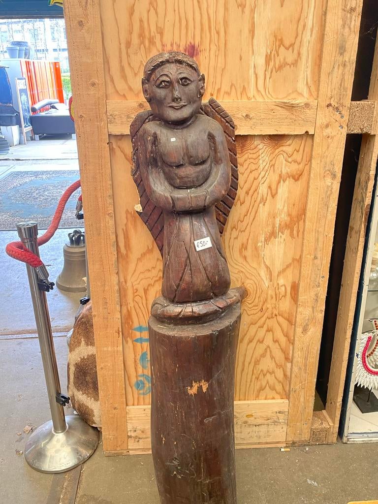 Uniek Handgesneden Houten Engel/Cherubijn Beeld, Houtsnijwerk, Handgemaakt, Hout, Bruin