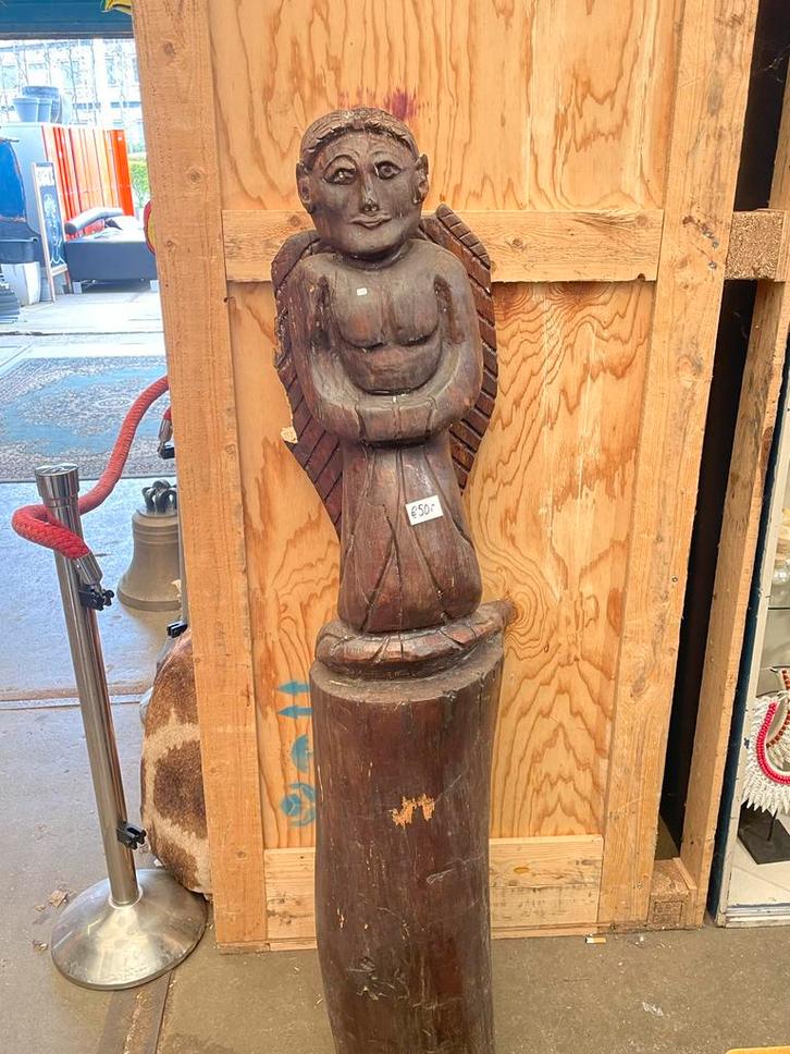 Uniek Handgesneden Houten Engel/Cherubijn Beeld, Antiek en Kunst, Kunst | Beelden en Houtsnijwerken, Houtsnijwerk, Hout, Religie