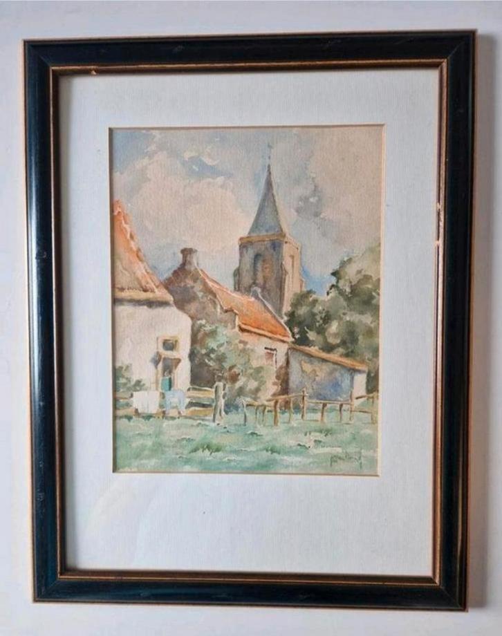 Schilderij: Dorpsgezicht met kerk, gesigneerd, Antiek en Kunst, Kunst | Schilderijen | Klassiek, Ophalen of Verzenden