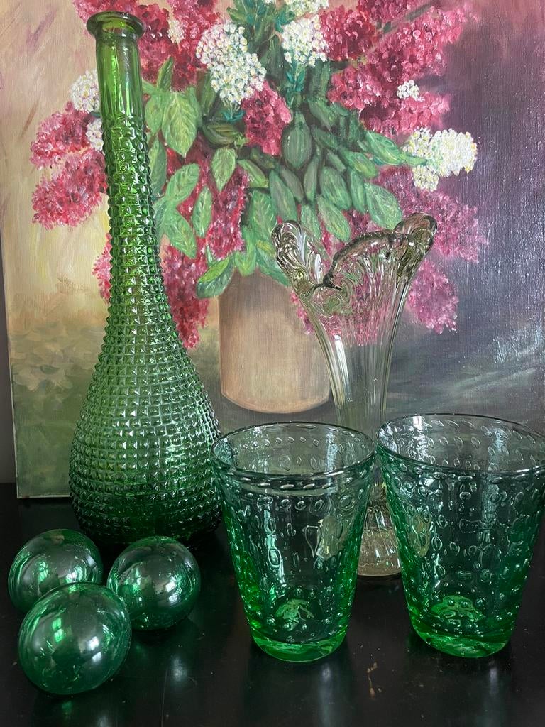 Groene Murano en Empoli vaas&e kleine vaasjes bubbelglas, Ophalen of Verzenden, Minder dan 50 cm, Groen, Glas