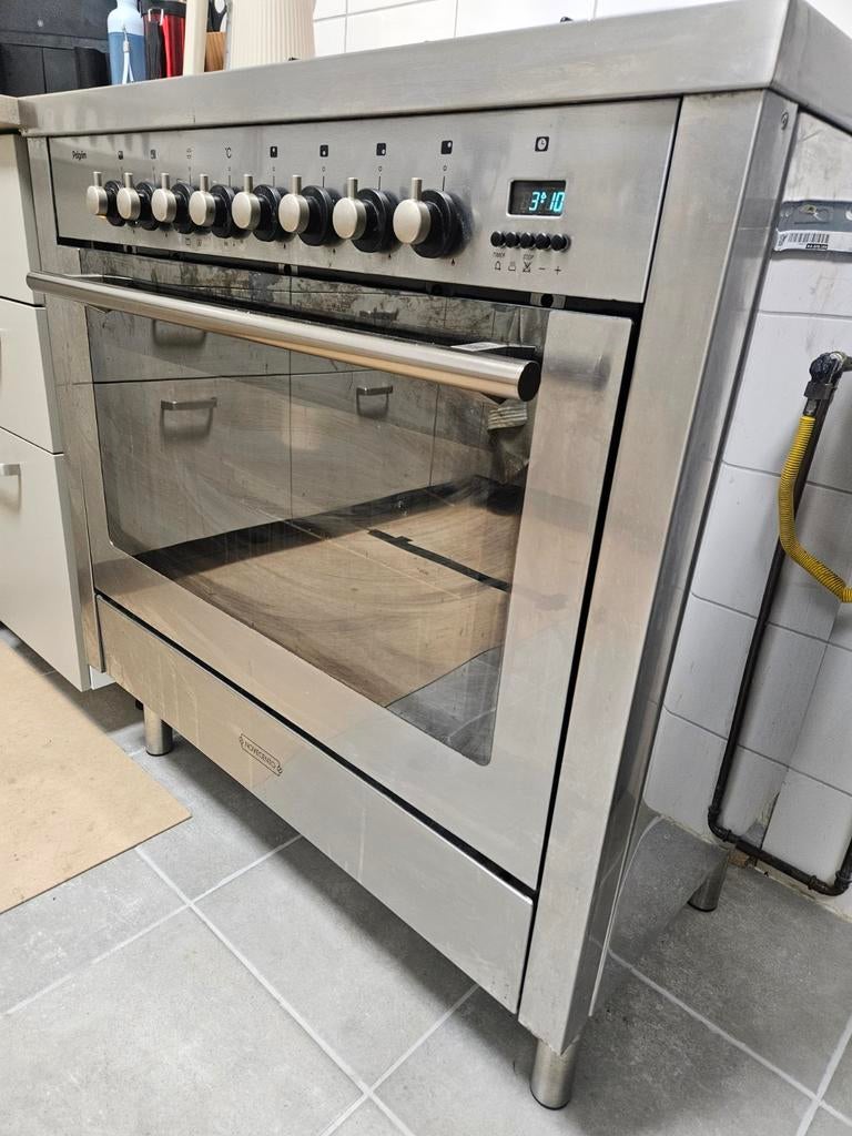 RVS pelgrim fornuis, Ophalen, 4 kookzones, Gas, Vrijstaand