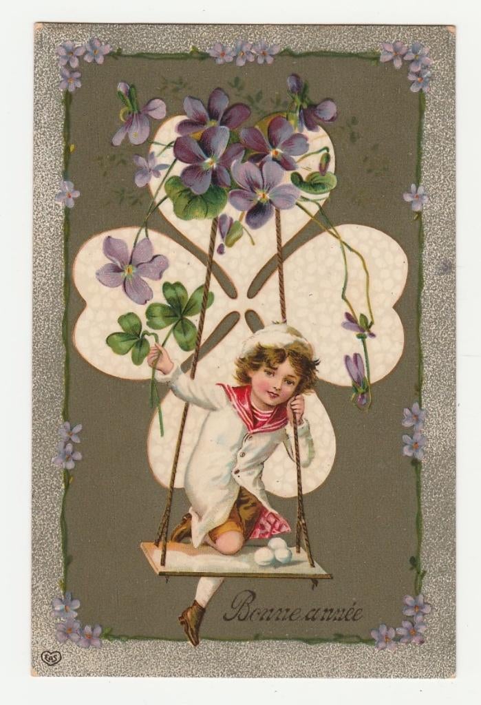 Jongen op schommel voor klaverblad.  1910, Verzenden, Voor 1920, Gelopen, Overige thema's