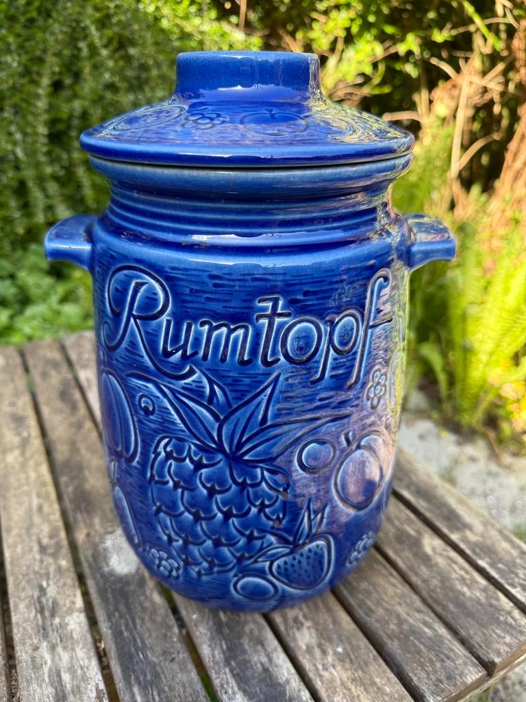 Blauwe vintage Rumtopf met fruitmotief, Ophalen of Verzenden
