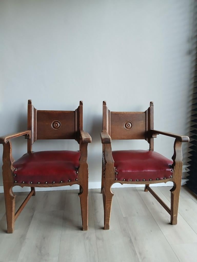 Set van 2 antieke stoelen met rood lederen zitting, Antiek en Kunst, Antiek | Meubels | Stoelen en Banken, Ophalen