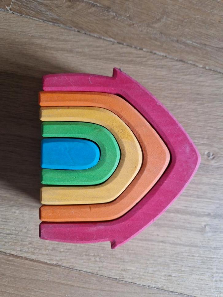 Grimm's Houten Huisje - Regenboog Stapelblokken, Kinderen en Baby's, Speelgoed | Houten speelgoed, Gebruikt, Overige typen, Ophalen of Verzenden