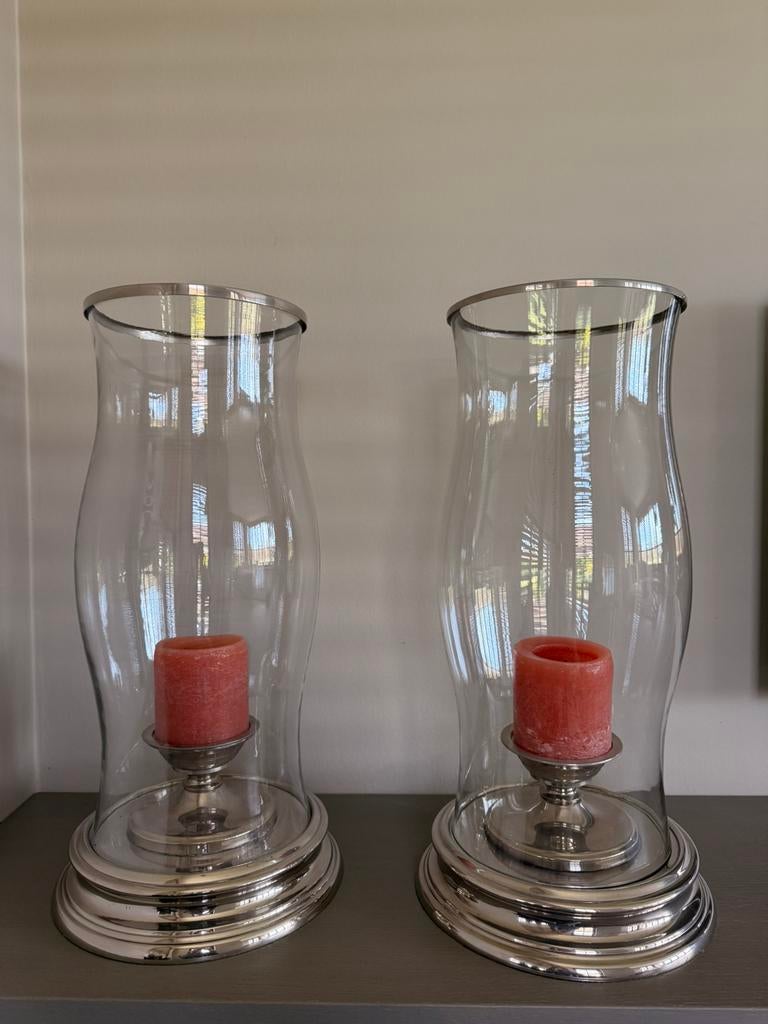 Windlichten met zilver voet, Ophalen, Gebruikt, Overige materialen, 50 tot 75 cm