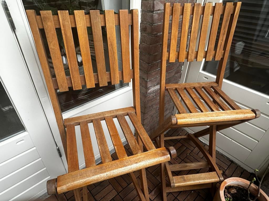 Twee houten tuinbarkrukken inklapbaar, Ophalen, Gebruikt, Met voetsteun, 90 cm of meer
