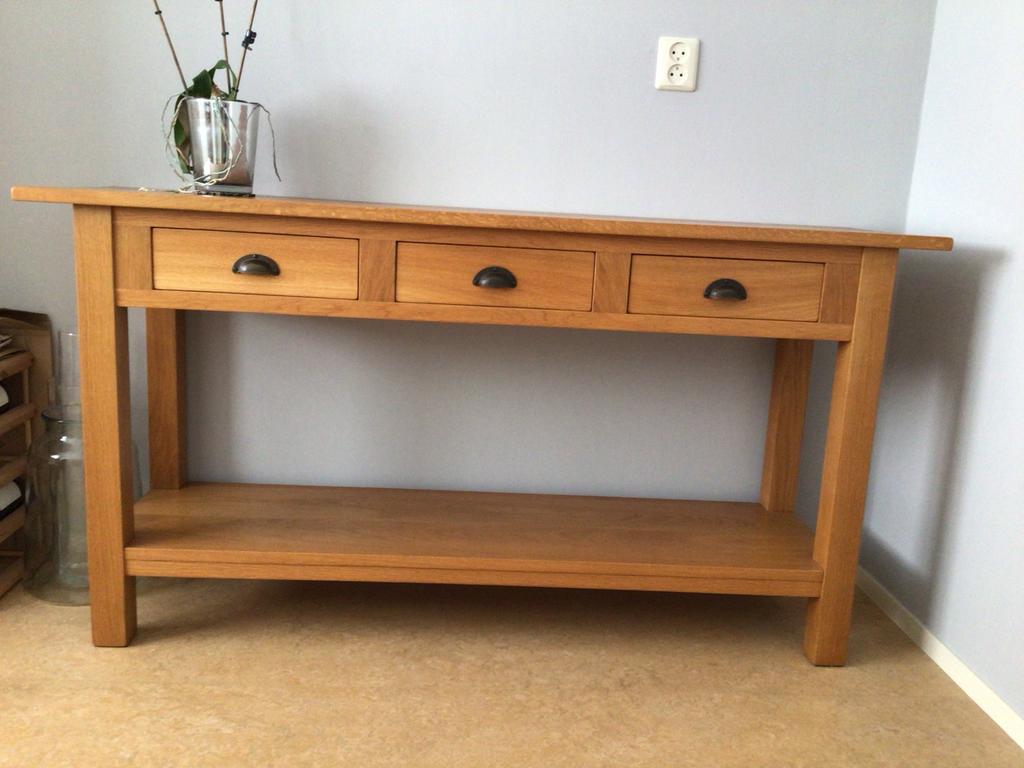 Massief eikenhouten sidetable, handgemaakt.LBH=151x43x78, Huis en Inrichting, Tafels | Sidetables, Ophalen, Gebruikt, 100 tot 150 cm