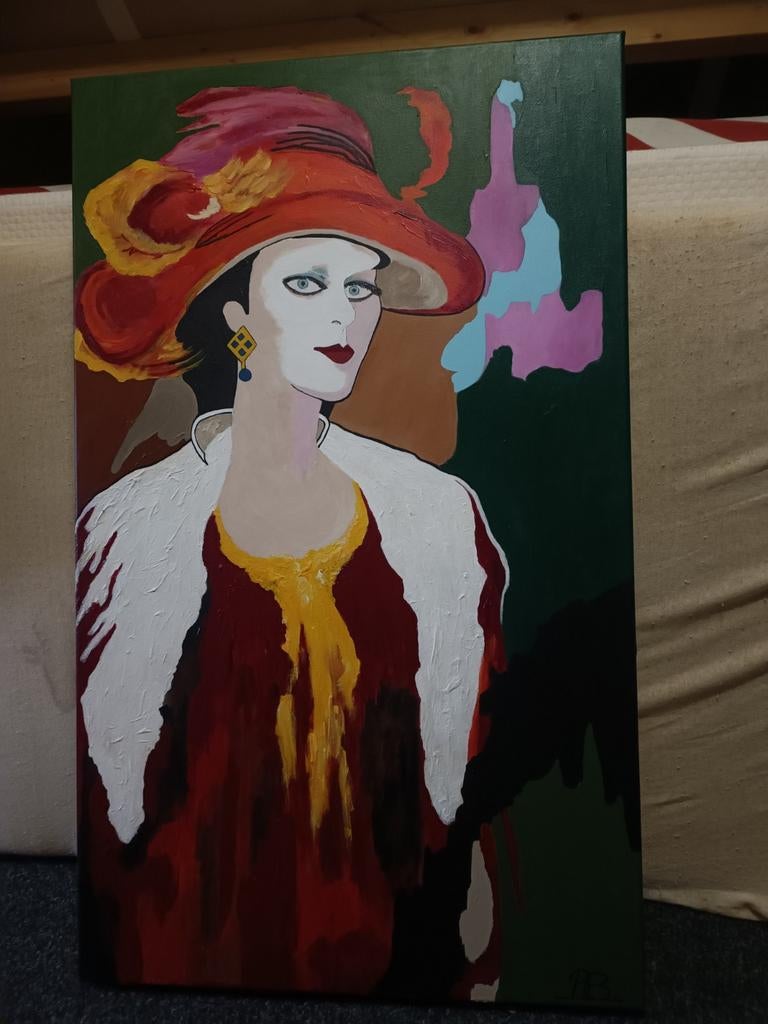 Art deco schilderij.."vrouw met hoed", Antiek en Kunst, Ophalen