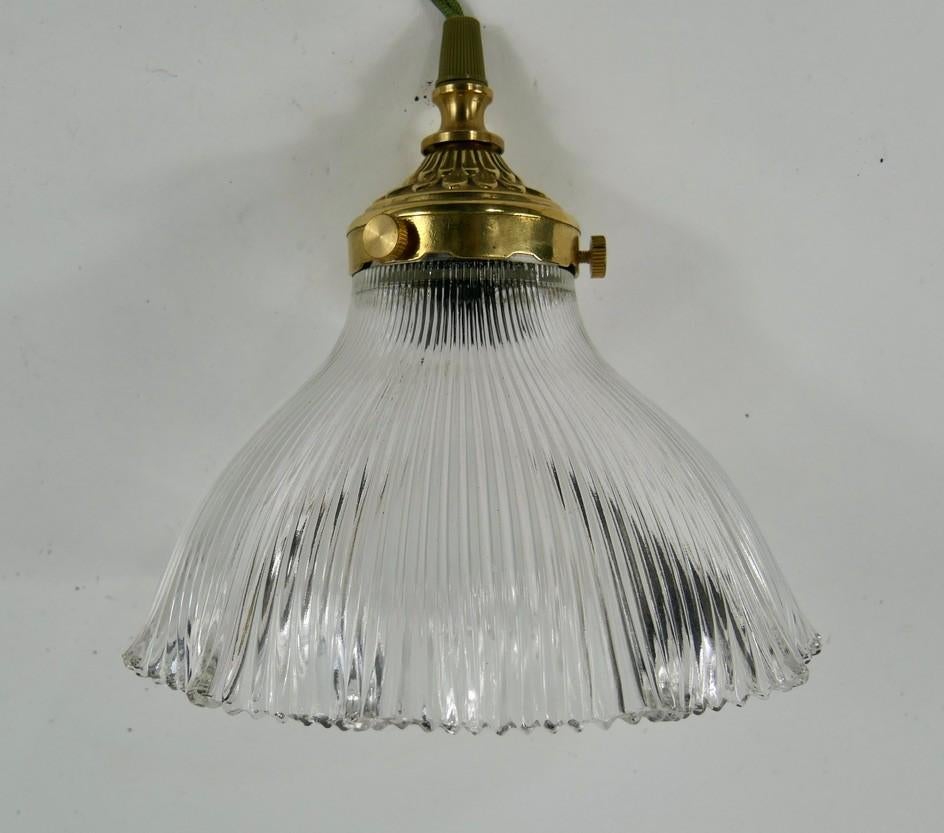 Vintage Franse Holophane Hanglamp Glas, Art deco, Ophalen of Verzenden, Zo goed als nieuw, Glas