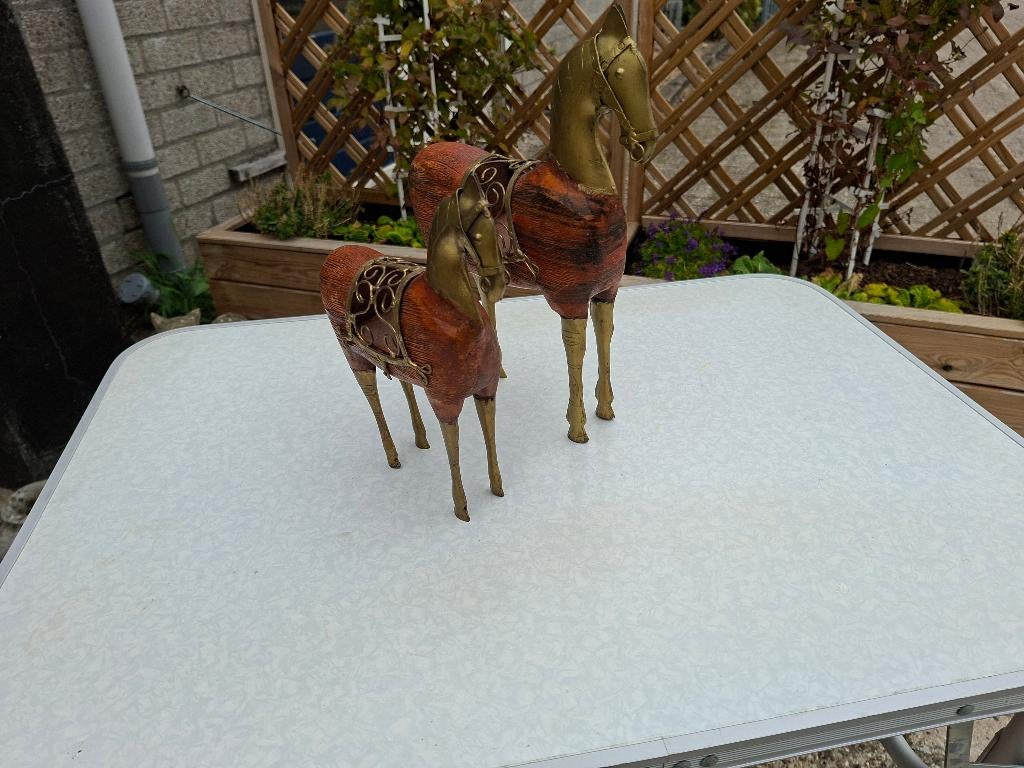 set antieke houten handgemaakte paarden beelden met messing, Ophalen of Verzenden, Houtsnijwerk