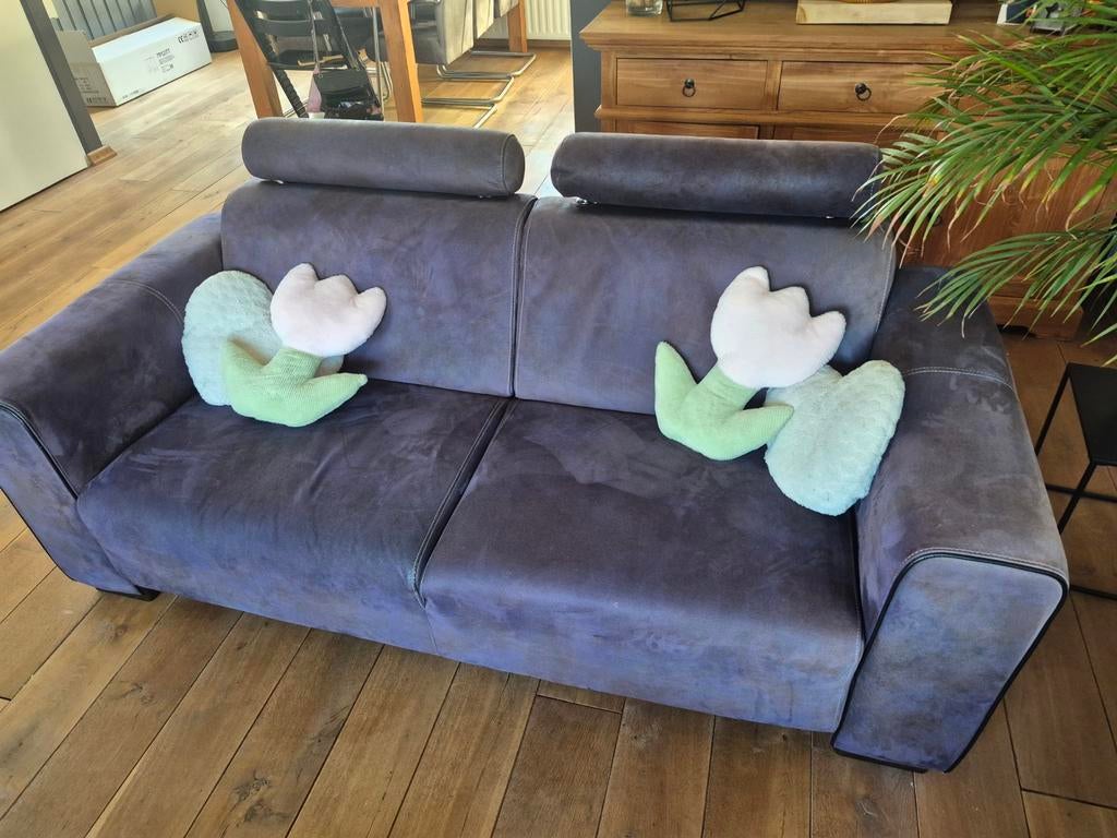 Antraciet leren Montel bankstel met verstelbare hoofdsteunen, Ophalen, 150 tot 200 cm, Zo goed als nieuw, Rechte bank