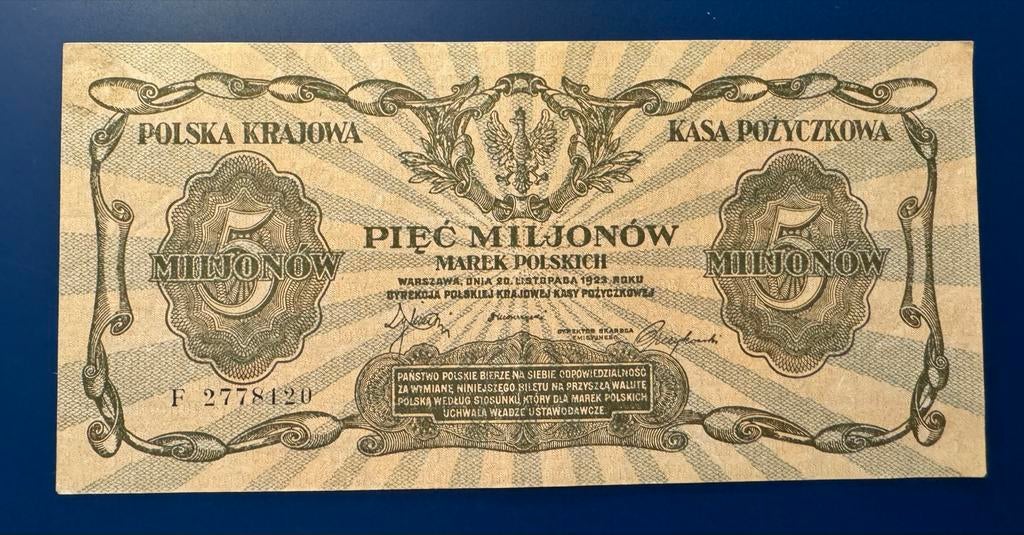 Polen 5 Miljoen Mark Pools biljet 1923 UNC, Postzegels en Munten, Bankbiljetten | Europa | Niet-Eurobiljetten, Ophalen of Verzenden