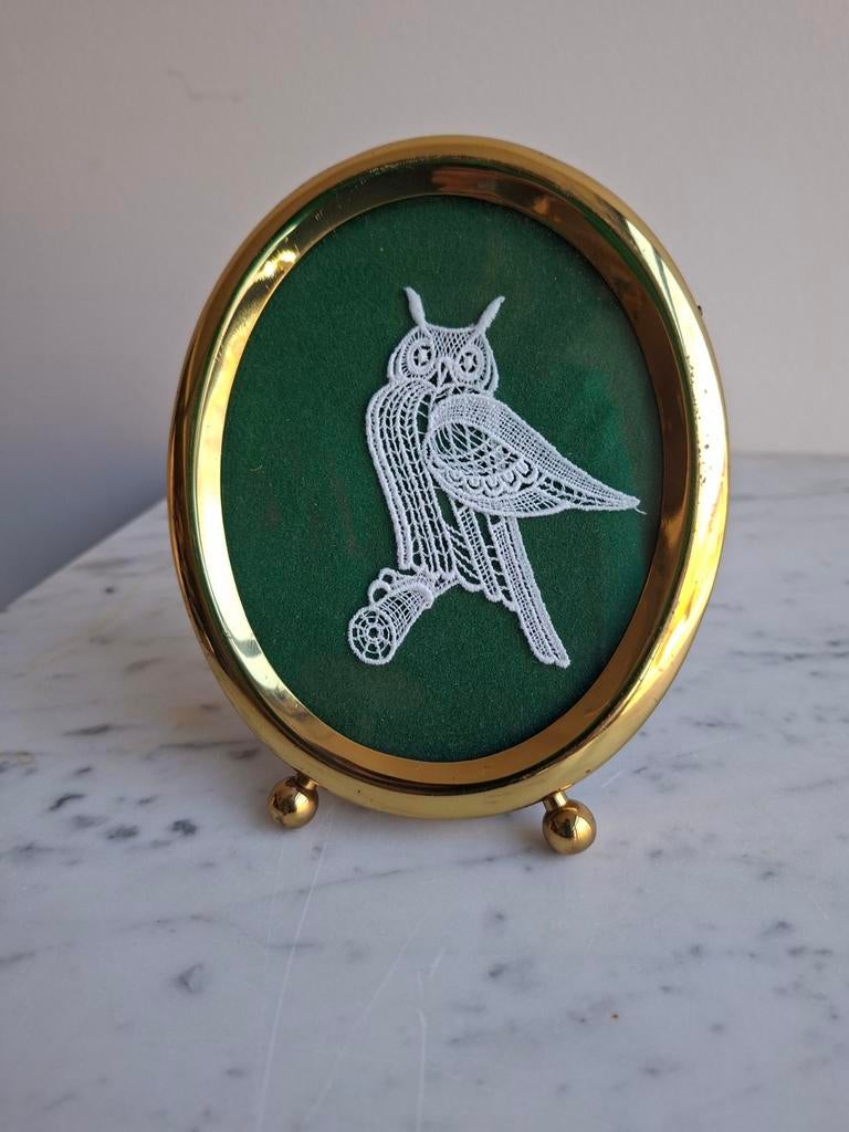 Vintage Uil Kantwerk in Messing Lijstje, Antiek en Kunst, Ophalen of Verzenden