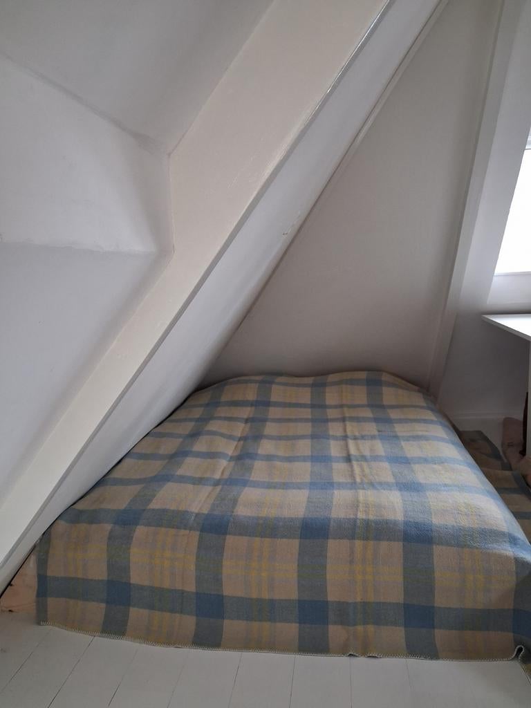 Vintage Koops Wollen Deken - Roomwit, Blauw, Geel Blokken, Ophalen of Verzenden, Wit, Jongetje of Meisje, Deken of Dekbed