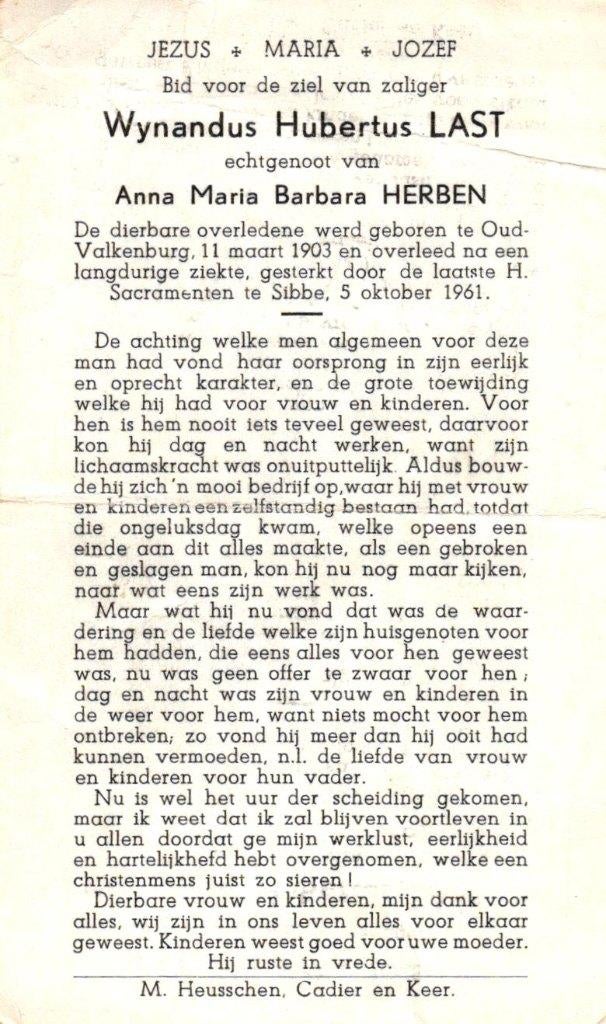 Last Wynandus Hubertus Oud-Valkenburg 1903-1961 Sibbe, Ophalen of Verzenden