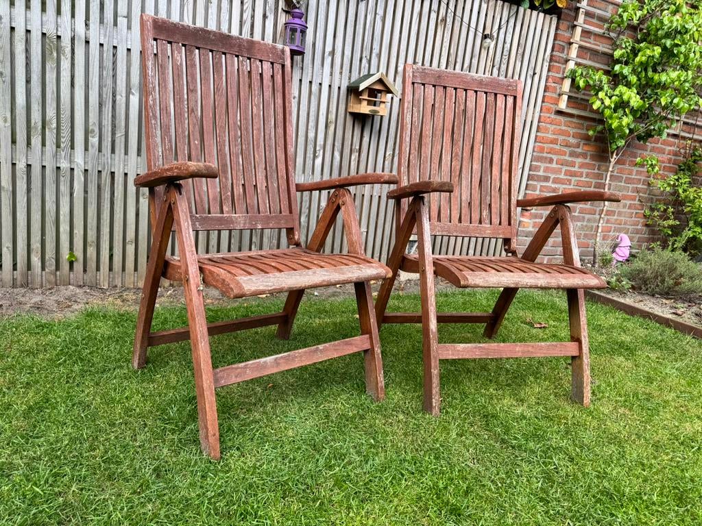 Twee tuinstoelen teak, Ophalen, Gebruikt, Teakhout