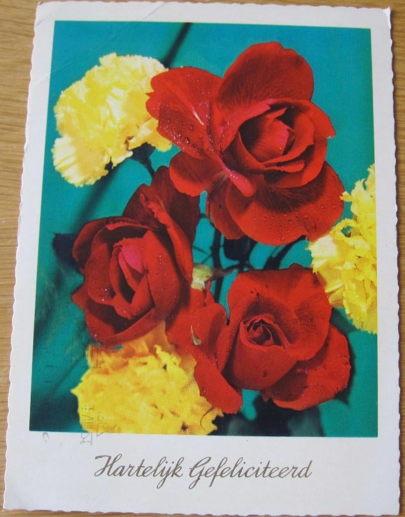 Hartelijk gefeliciteerd - rode rozen en gele anjers, Verzenden, 1960 tot 1980, Gelopen, Overige thema's