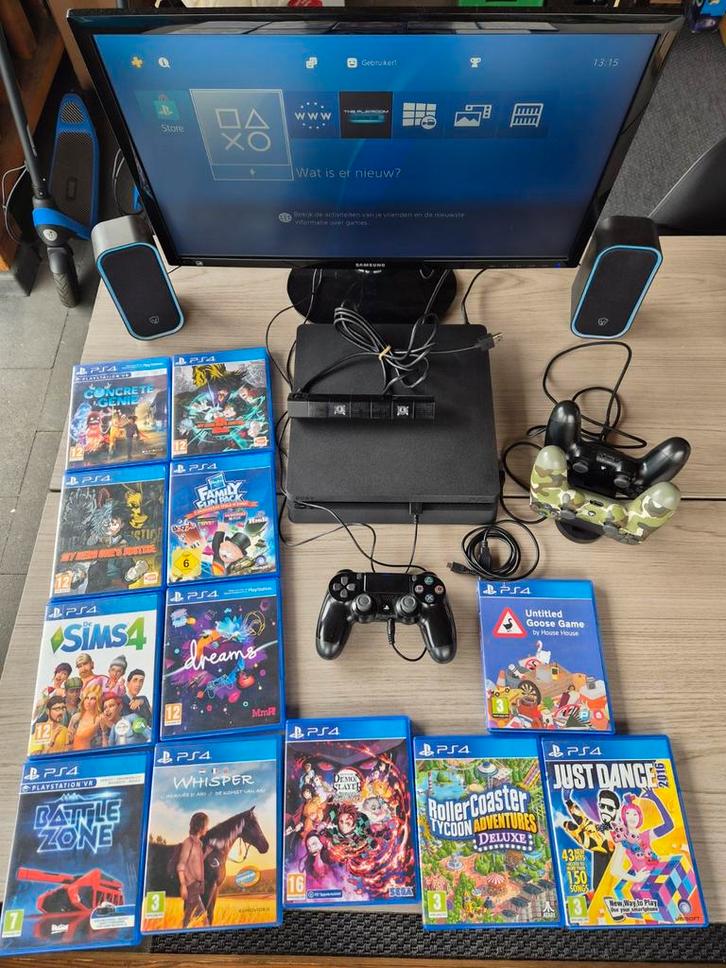 Compleet setje Playstation 4 slim, Spelcomputers en Games, Spelcomputers | Sony PlayStation 4, Gebruikt, Slim, 500 GB, Met 3 controllers of meer