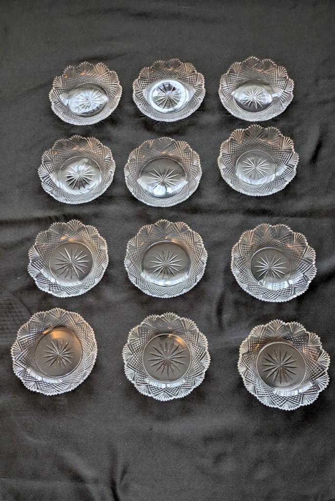 Set van 12 antieke glazen schaaltjes met waaier motief, Ophalen of Verzenden
