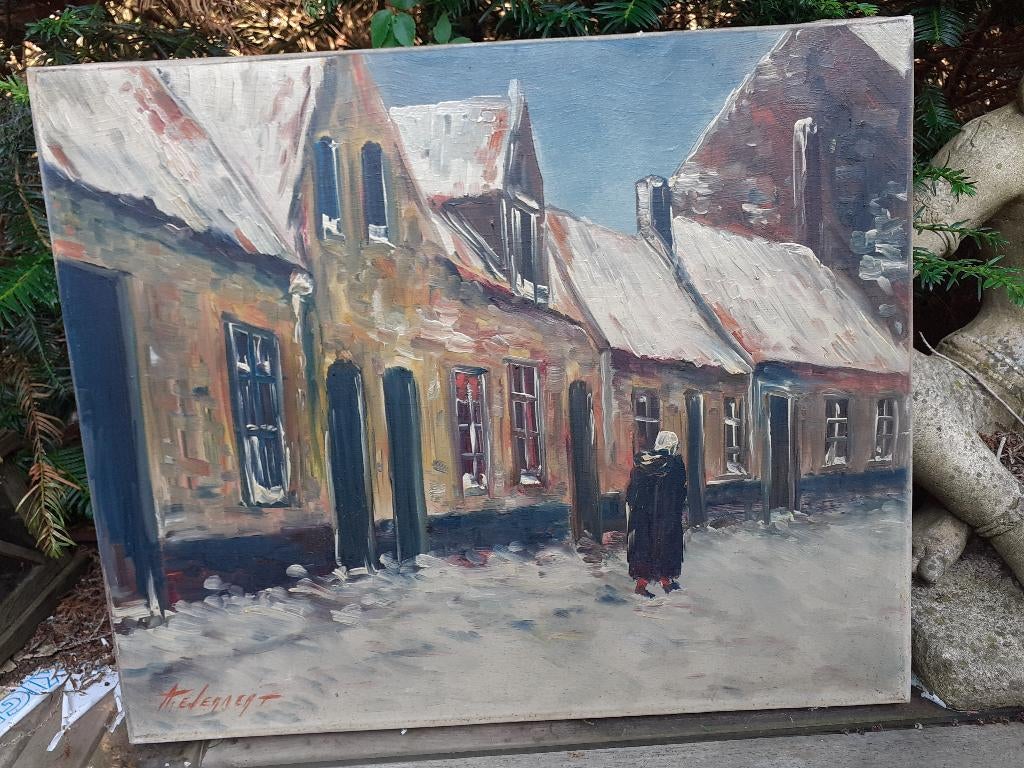 Antiek Olieverf Schilderij "Brugge anno 1900" gesigneerd, Antiek en Kunst, Kunst | Schilderijen | Klassiek, Ophalen of Verzenden
