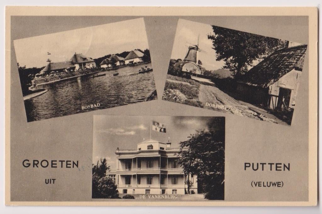 018 Putten 1952 De Vanenburg Dorpsgezicht Molen Bosbad B75, Verzamelen, Verzenden, 1940 tot 1960, Gelopen, Gelderland