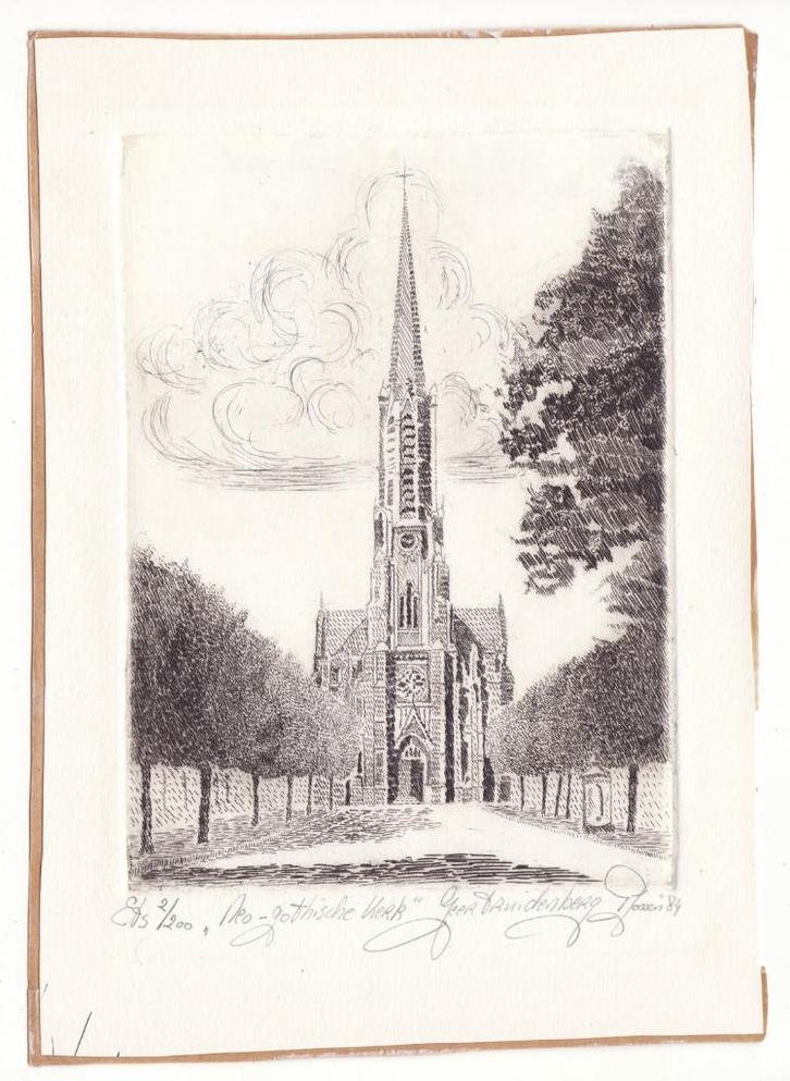 Geertruidenberg ets neo-gotische kerk door P Joosen ?, Antiek en Kunst, Kunst | Etsen en Gravures, Verzenden