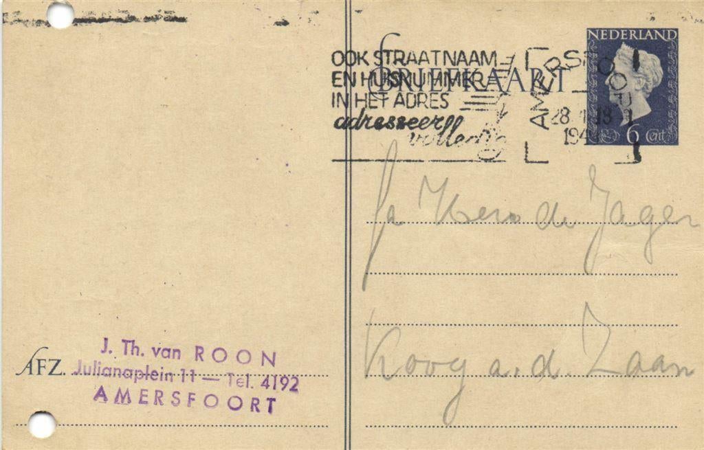 J.Th. van Roon, Amersfoort - 07.1949 - briefkaart, Ophalen of Verzenden, Briefkaart
