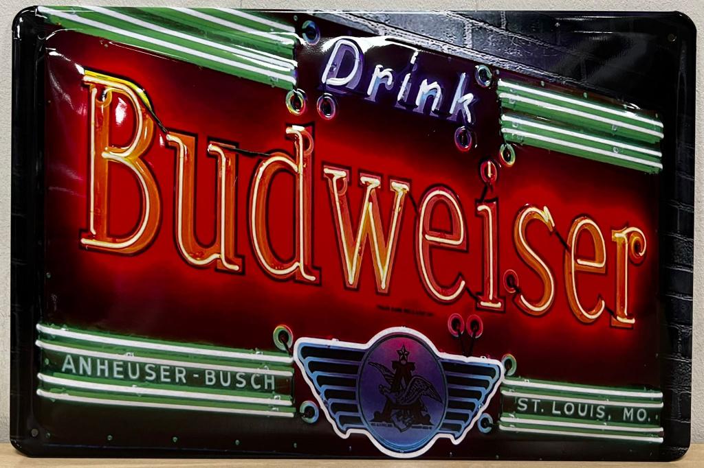 Budweiser bier neon look reclamebord van metaal wandbord, Verzamelen, Biermerken, Ophalen of Verzenden, Nieuw, Reclamebord, Plaat of Schild