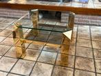 Glazen salontafel met gouden onderstel, Huis en Inrichting, Tafels | Salontafels, Ophalen, Gebruikt, Vierkant, Glas