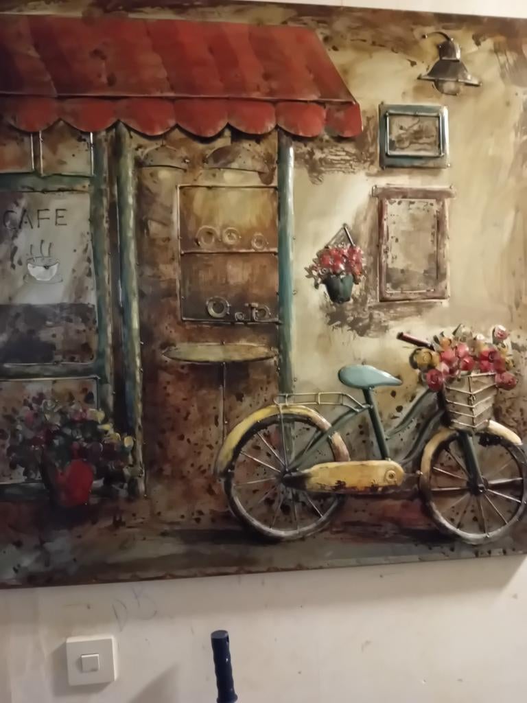 Uniek 3D metalen kunstwerk: Café scène met fiets, Ophalen of Verzenden