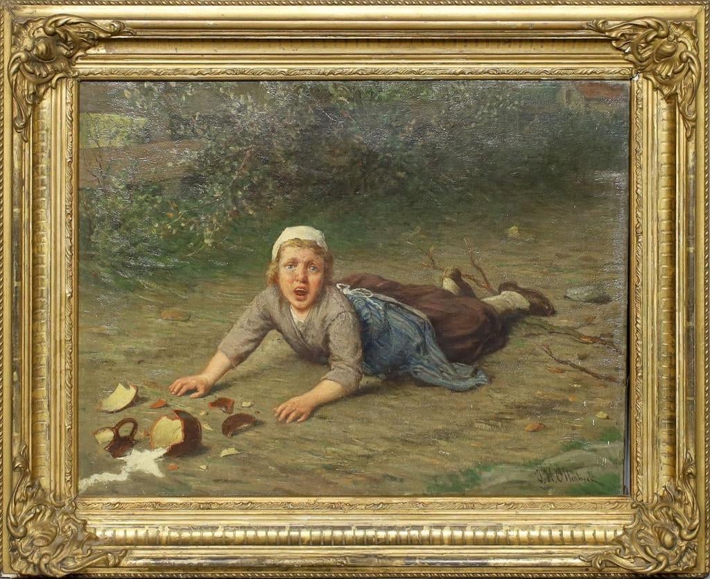== J H Otterbeek 1839-1902===="het gevallen meisje"==, Antiek en Kunst, Kunst | Schilderijen | Klassiek, Ophalen