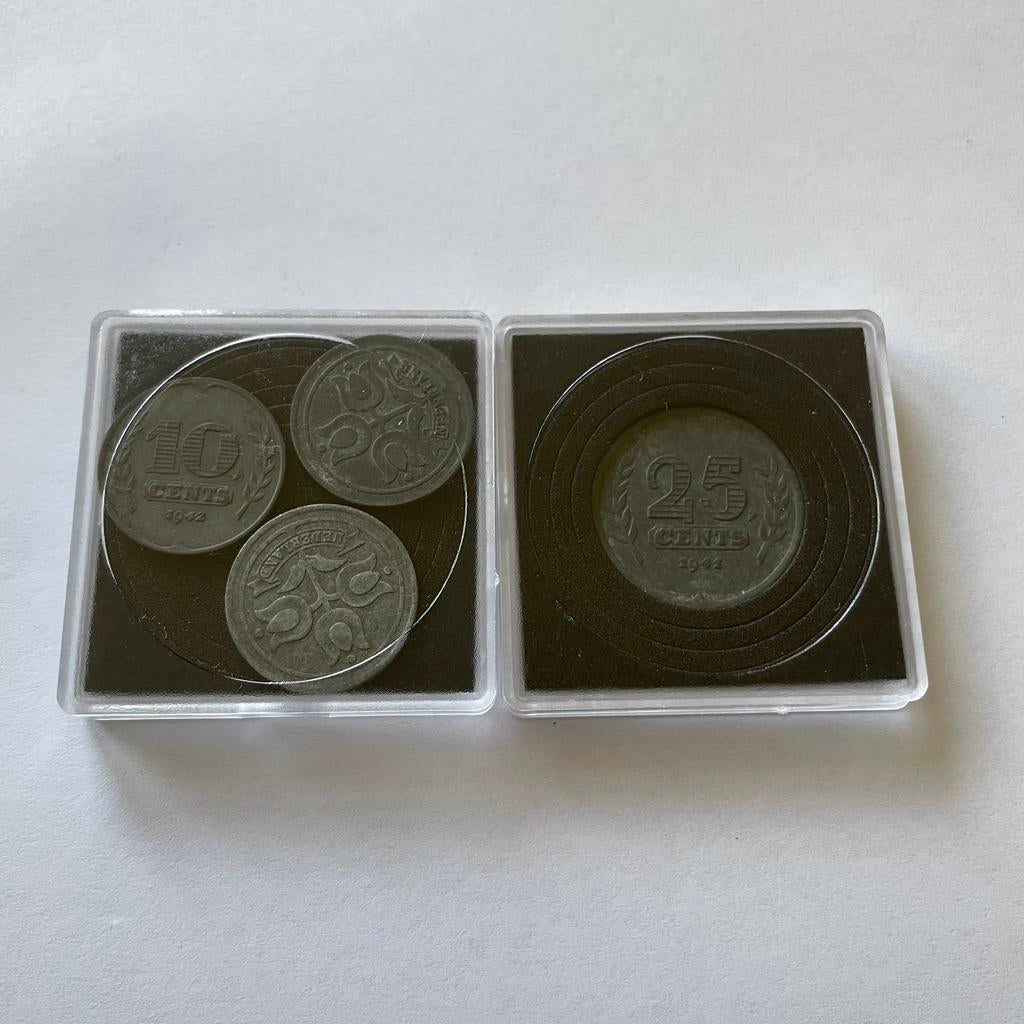 1x Zinken 25 cent 1941 en 3x zinken 10 cent 1942, Ophalen of Verzenden, Koningin Wilhelmina, 10 cent, Setje