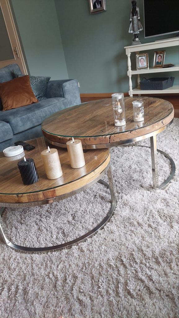 Richmond Salontafel Set - Hout en Metaal, Huis en Inrichting, Tafels | Salontafels, Rond, Zo goed als nieuw, Minder dan 50 cm
