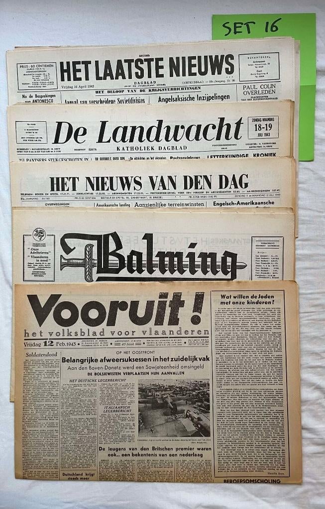 Originele WOII-kranten 1943 – set van 5 – set 16, Verzamelen, Verzenden, Overige soorten, Nederland, Boek of Tijdschrift
