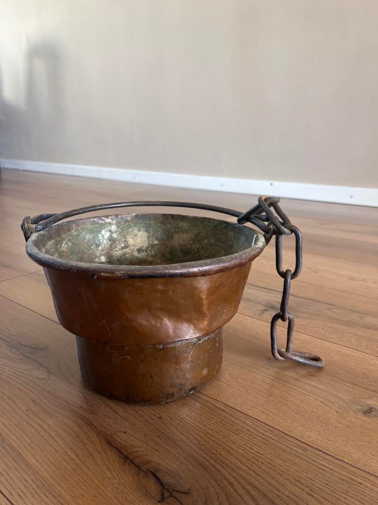 Antieke Koperen Ketel met Ketting - Decoratief, Antiek en Kunst, Antiek | Koper en Brons, Ophalen, Koper