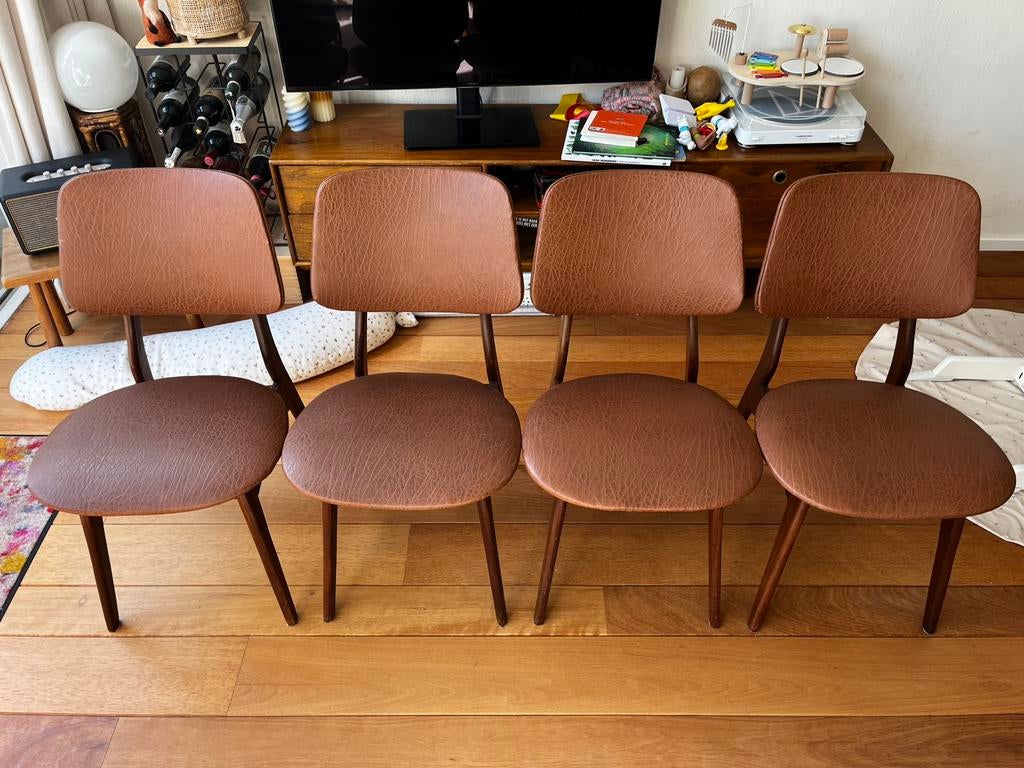 Eetkamerstoelen - 4 stuks, bruin, vintage, van Teeffelen, Huis en Inrichting, Ophalen, Gebruikt, Bruin, Vier