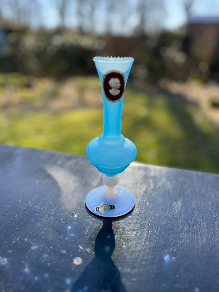 Toscane Empoli vaas turquoise met camee en sticker, Ophalen of Verzenden