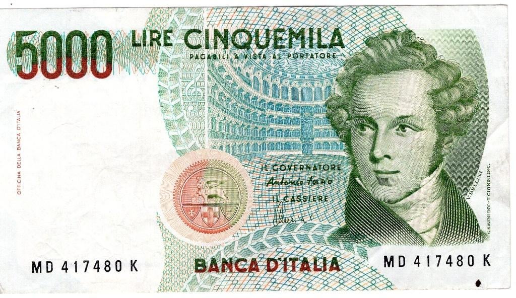 Bankbiljet:  Italië, 5000 Lire, Postzegels en Munten, Bankbiljetten | Europa | Niet-Eurobiljetten, Verzenden, Italië, Los biljet