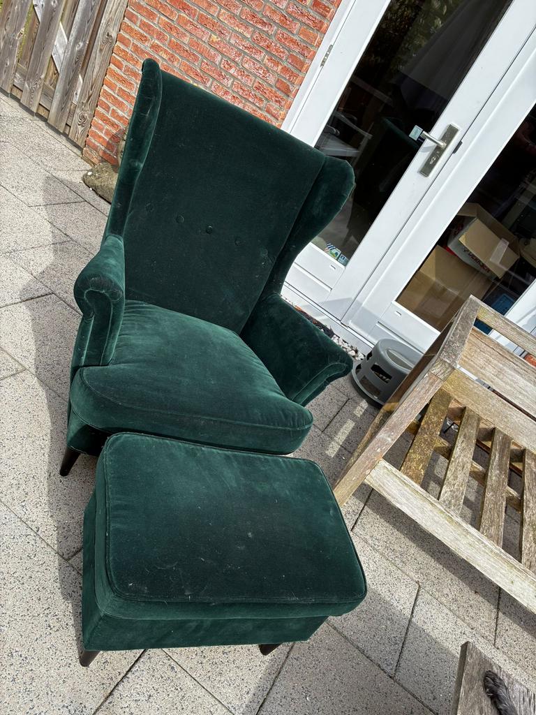 IKEA Strandmon groene stoel en krukje, Ophalen, Gebruikt, Stof, 75 tot 100 cm