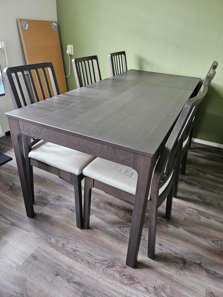 Uitschuifbare eettafel met 6 stoelen. 80 x 120 of 180, Huis en Inrichting, Tafels | Eettafels, Ophalen, Gebruikt, 50 tot 100 cm