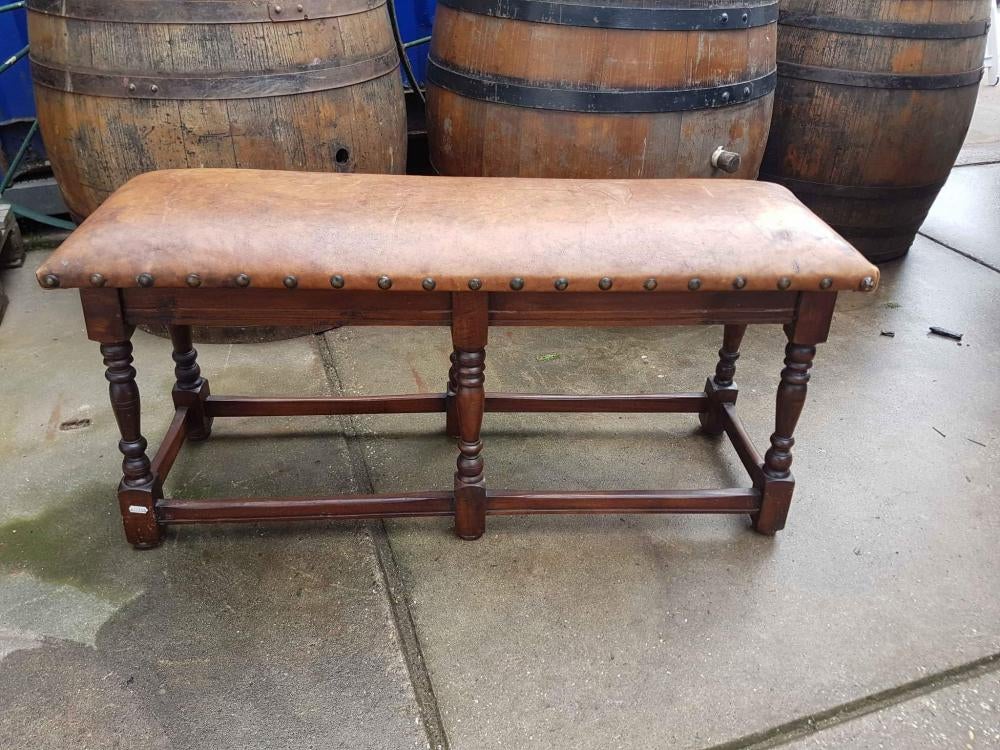 Toffe antieke bank met lederen top, bekleding., Ophalen, Gebruikt, ., Minder dan 75 cm