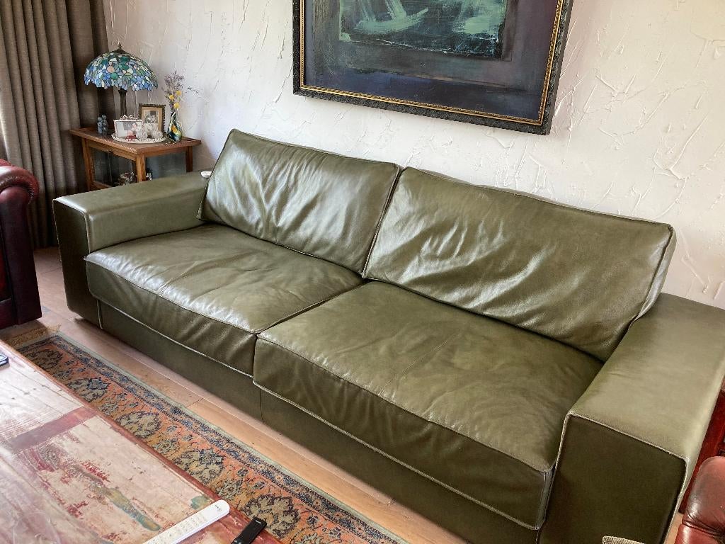 leren olijfgroene bank Noelle R108 264x100 cm, Huis en Inrichting, Banken | Bankstellen, Ophalen, 250 tot 300 cm, Driepersoons