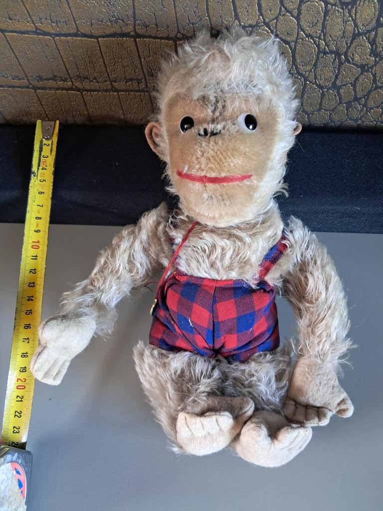 Antieke Aap Steiff of Grisly met geruite tuinbroek, Ophalen of Verzenden